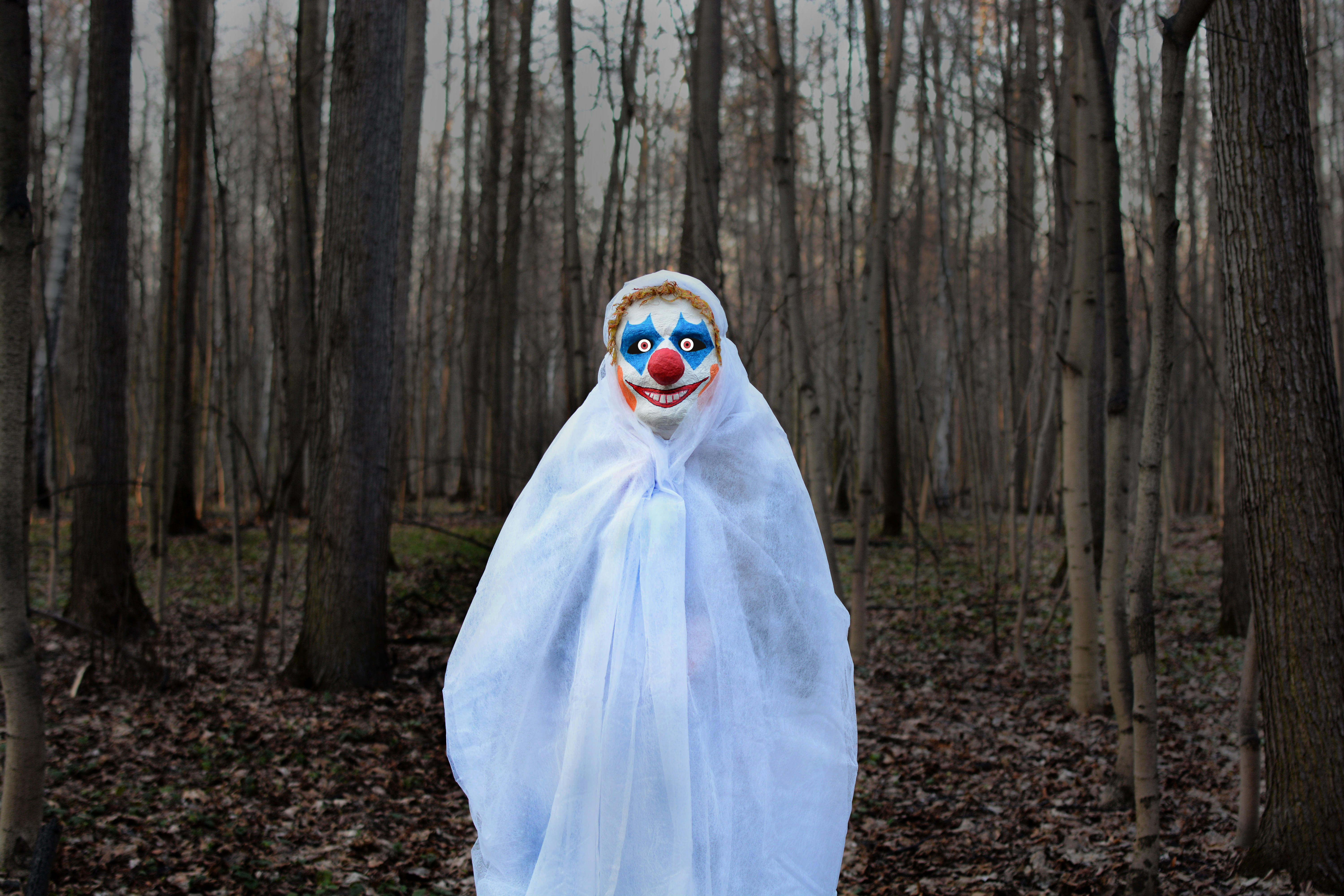 Person dressed up as scary clown in the woods with a white sheet.