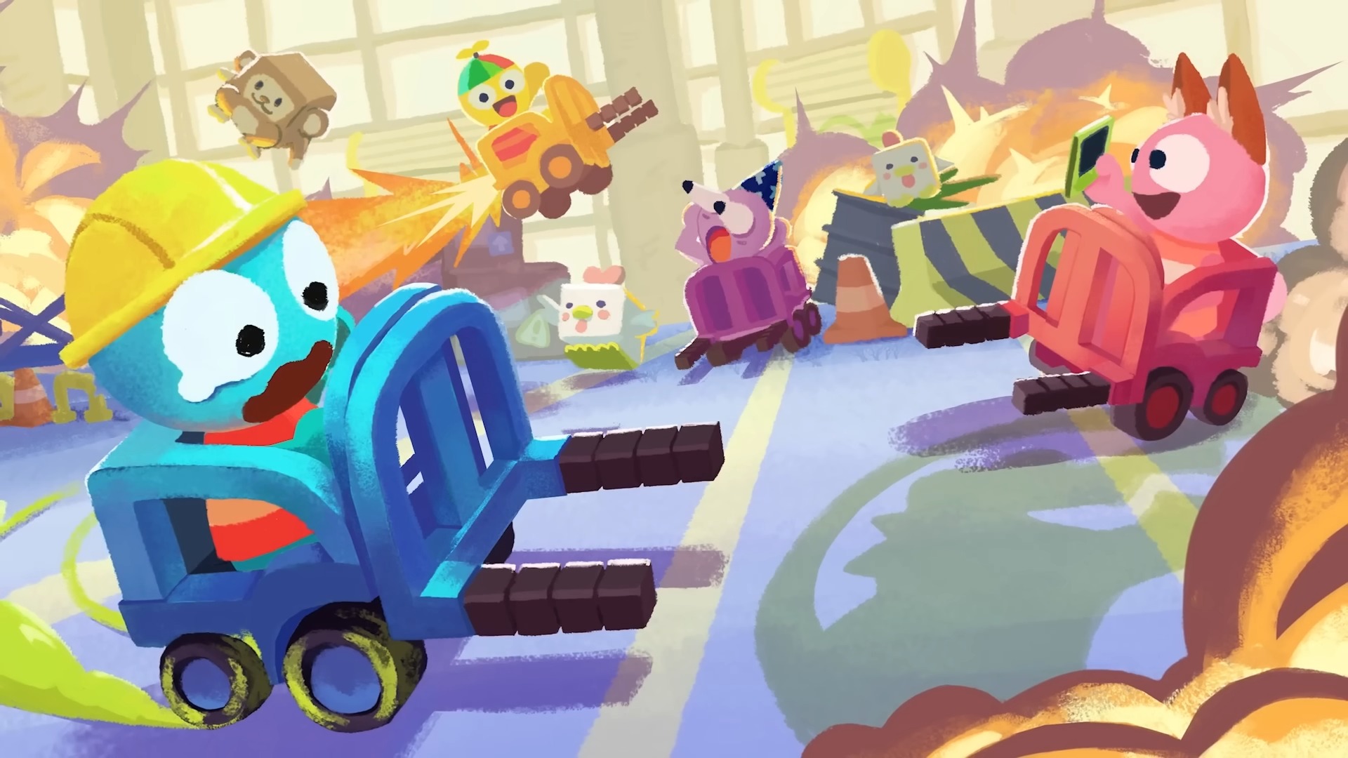 Crashout Crew art of characters panicking in forklifts