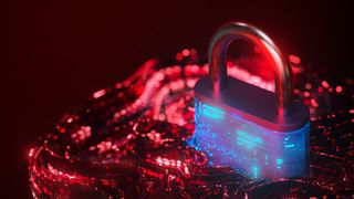 A glowing blue padlock with coiled red CGI data around it, representing new ransomware.