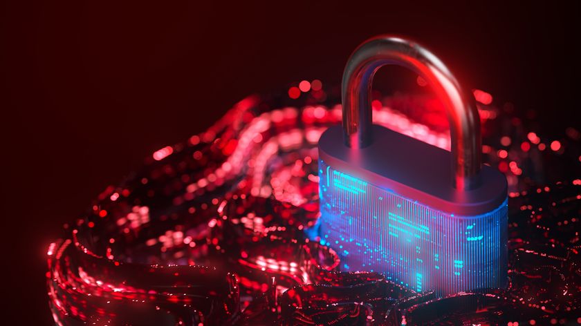 A glowing blue padlock with coiled red CGI data around it, representing new ransomware.