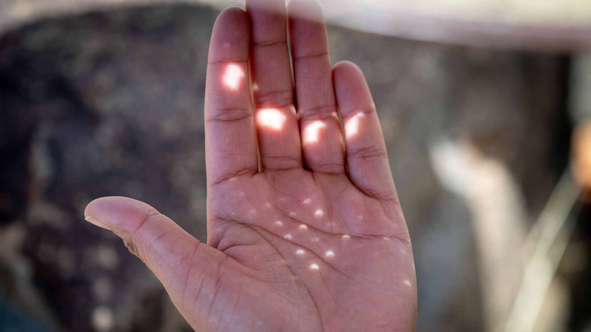 pinpoints of light fall on a hand show the eclipsed shape of the crescent solar disk during an eclipse.
