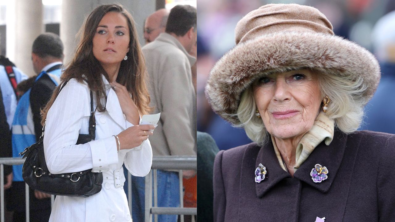 Kate Middleton wearing a white coat in 2007 next to a photo of Queen Camilla wearing a fur hat and purple coat