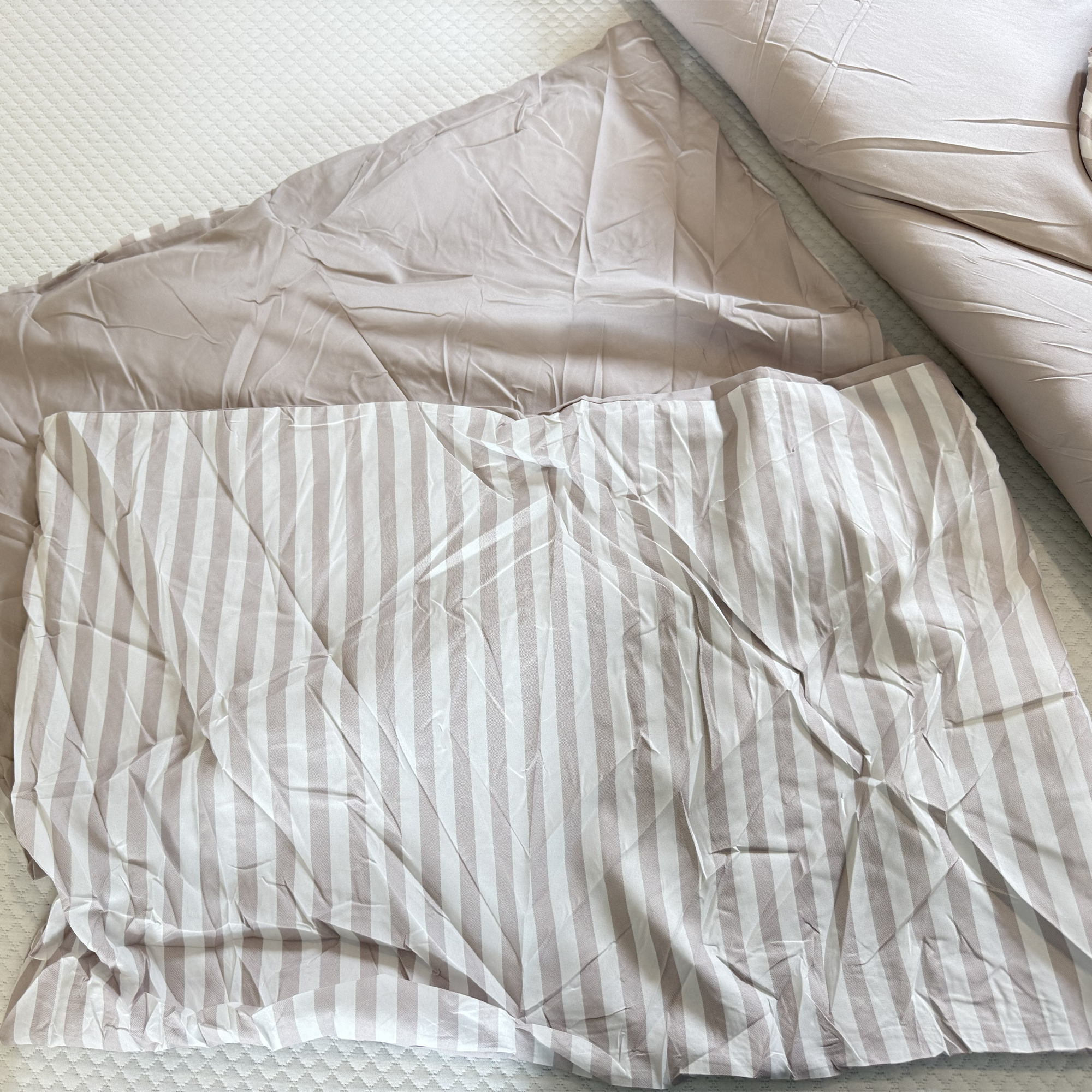 Dunelm striped coverless duvet being tested at home