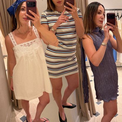 senior fashion editor Anna LaPlaca trying on Posse clothes in the NYC store