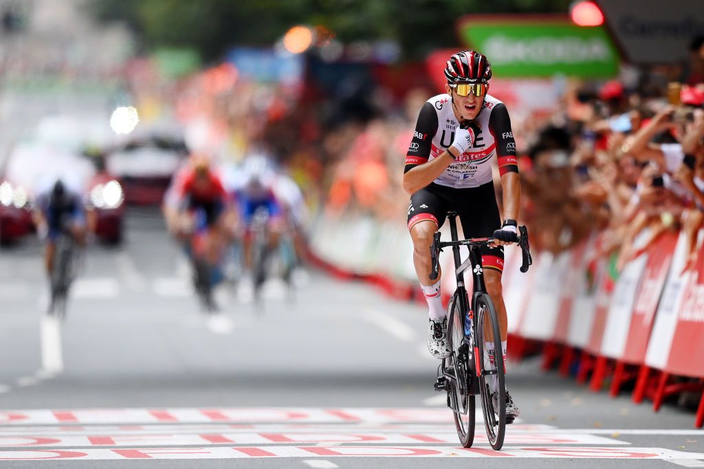 BILBAO SPAIN AUGUST 24 Marc Soler Gimenez of Spain and UAE Team Emirates celebrates winning during the 77th Tour of Spain 2022 Stage 5 a 1872km stage from Irn to Bilbao LaVuelta22 WorldTour on August 24 2022 in Bilbao Spain Photo by Justin SetterfieldGetty Images