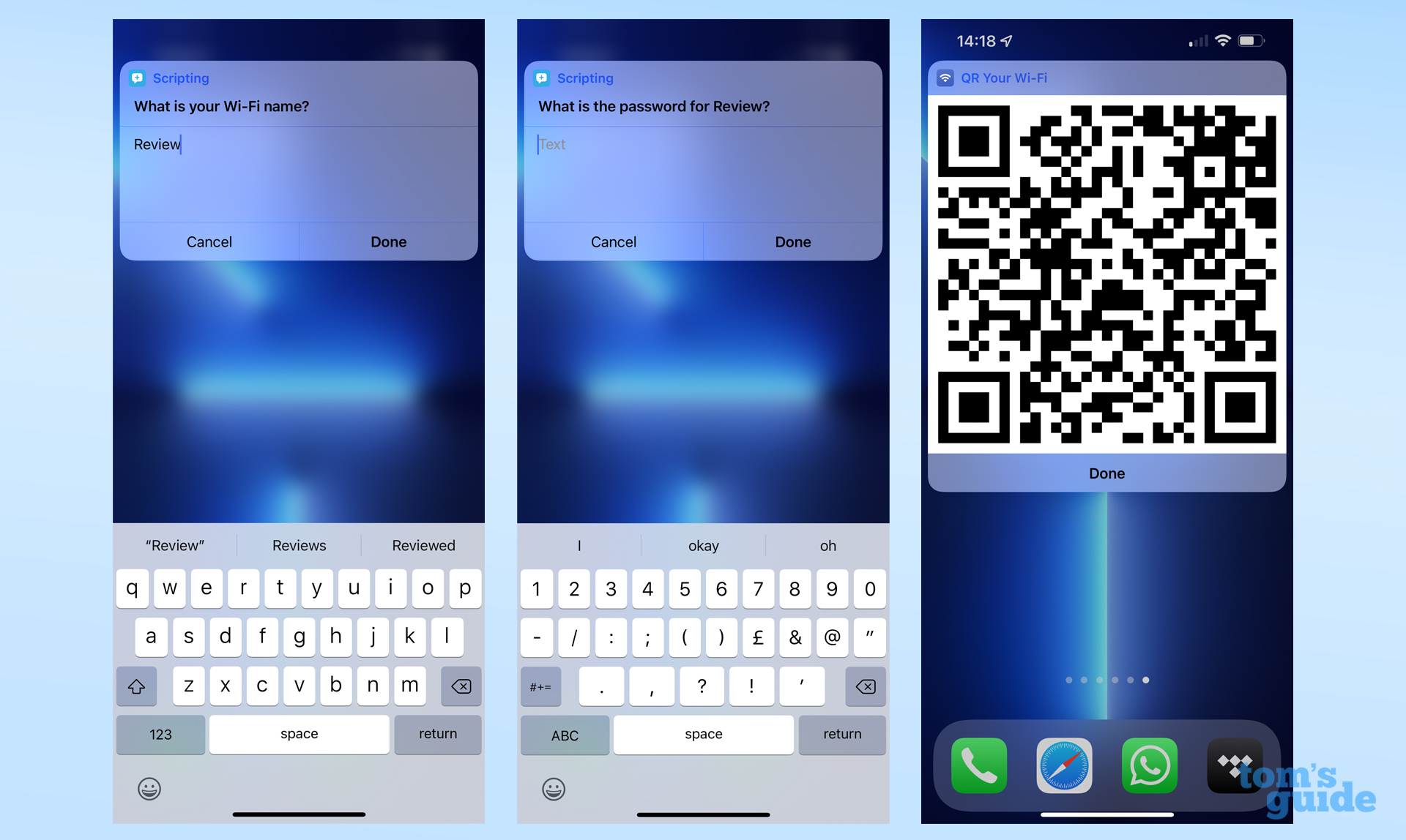 Three screenshots showing the different steps of the QR My Wi-Fi shortcut