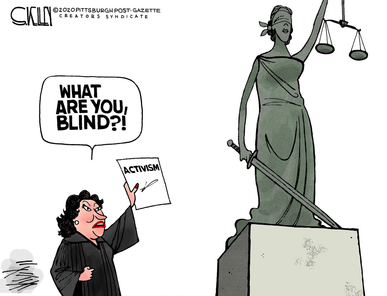 Political Cartoon U.S. Sonia Sotomayor U.S. Supreme Court Lady Justice conservative rulings progressive interpretations activism