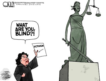 Political Cartoon U.S. Sonia Sotomayor U.S. Supreme Court Lady Justice conservative rulings progressive interpretations activism