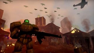 Fishing Shop Simulator: A mech walking through a burning city as planes fly overhead.