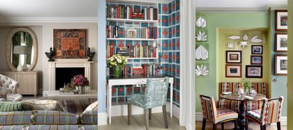 Nooks by Kit Kemp. Living room with fireplace and large mirror. Desk nook with bookshelves and colorful wallpaper. Dining nook with bench seating, table, artwork