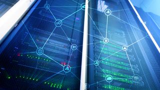 A server overlaid with a concept image of networking, featureing nodes for different types of technology, such as Wi-fi and upload/download connected by lines