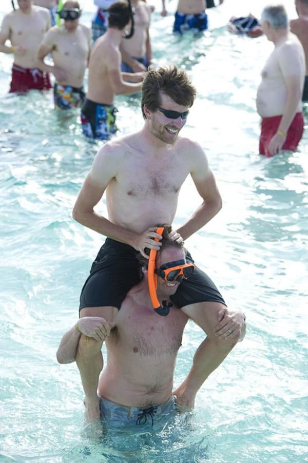 Zabriskie jumps on Matt White's shoulders. He's not a fan of stingrays