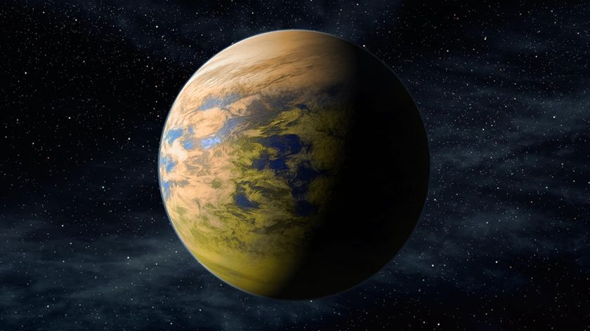 An illustration of an exoplanet with blue and green