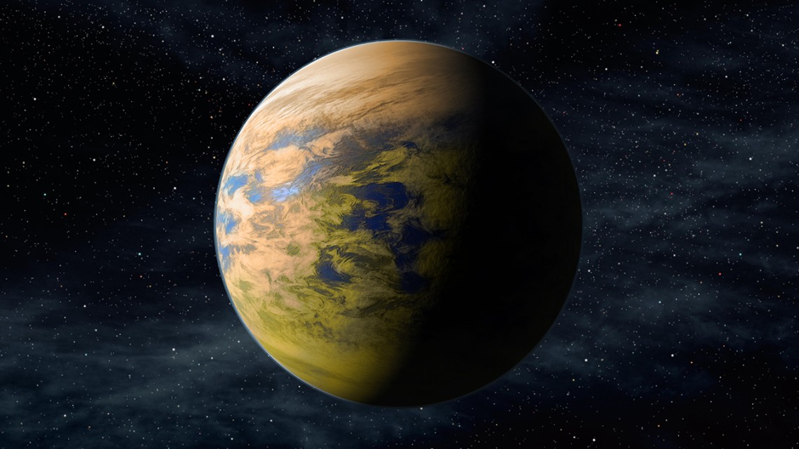 An illustration of an exoplanet with blue and green