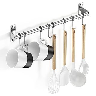 Lesfit Kitchen Utensil Hanging Rack Rail With 8 Hooks, Wall Mounted, Self Adhesive 40cm (16