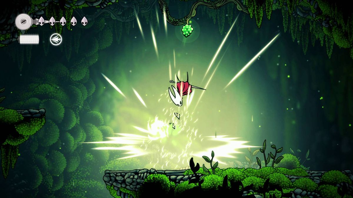 Hollow Knight Silksong Hornet pogo jumping off enemy to reach mossberry