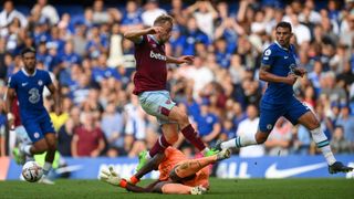 The VAR table: Jarrod Bowen of West Ham United fouls Edouard Mendy of Chelsea leading to a VAR decision to disallow West Ham's 2nd goal during the Premier League match between Chelsea FC and West Ham United at Stamford Bridge on September 03, 2022 in London, England.