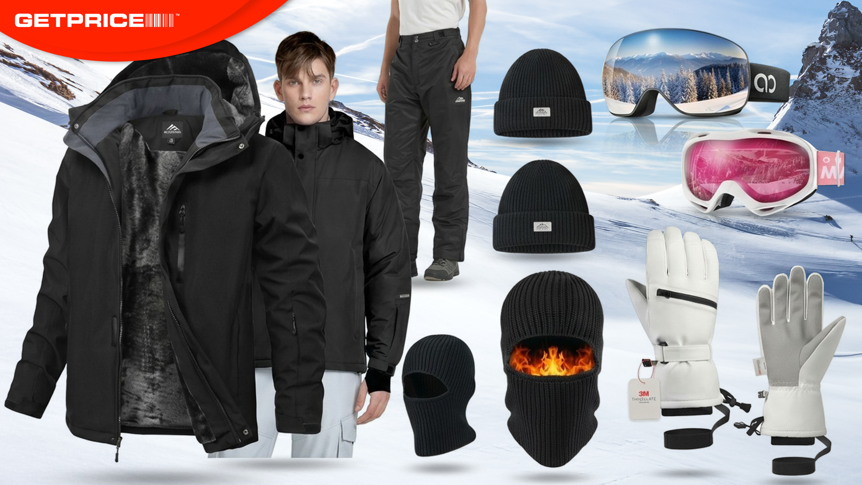A snowy mountain with lots of ski gear products on top including a man in a ski jacket, beanies, goggles and gloves
