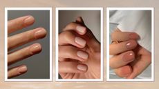 A collage of Short nude nails: on the left, is a close-up of a hand with warm nude squoval nails, in the middle, a close-up of a hand with sheer nude French tip nails (both by nail artist Mateja Novakovic). And finally, on the right, a hand is pictured with short, warm nude nails (by nail artist, Megan Rose) / in a beige-to-grey sunset-style template