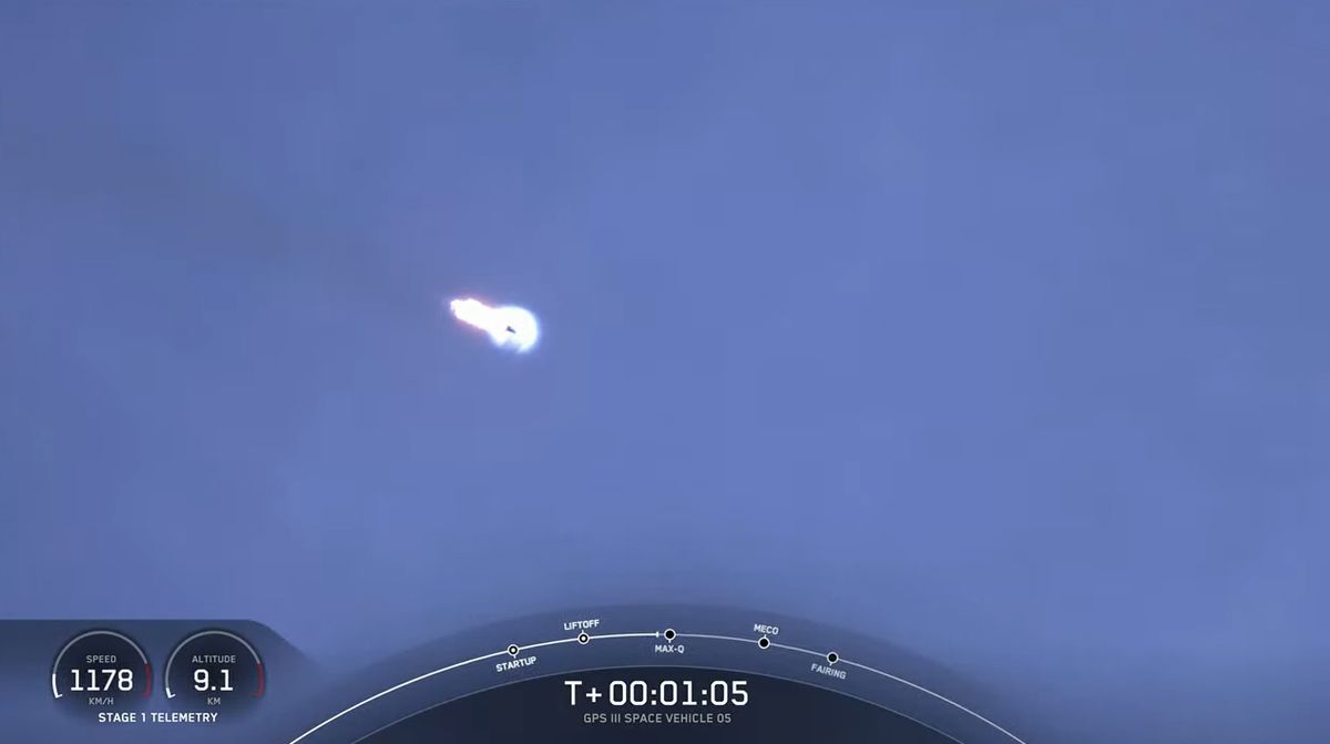 A SpaceX Falcon 9 rocket carrying the GPS III SV05 satellite for the U.S. Space Force launches from Space Launch Complex 40 at the Cape Canaveral Space Force Station in Florida on June 17, 2021.