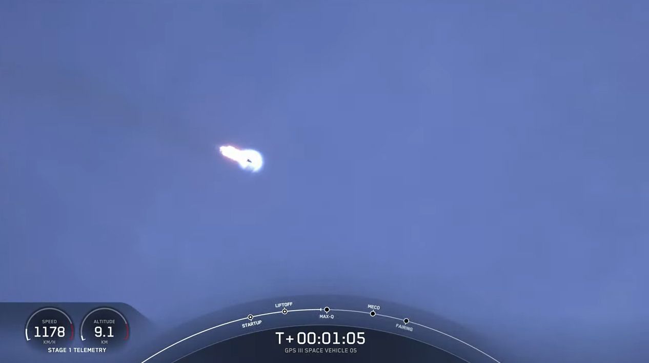 A SpaceX Falcon 9 rocket carrying the GPS III SV05 satellite for the U.S. Space Force launches from Space Launch Complex 40 at the Cape Canaveral Space Force Station in Florida on June 17, 2021.