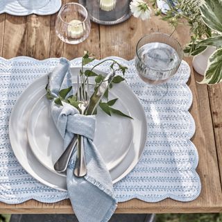 table setting with napkins and foliage sprig, blue and white patterned place setting, glasses, garden table