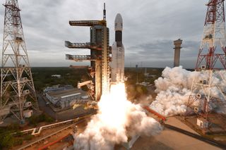 The Indian Space Research Organisation's Chandrayaan-2 moon orbiter, lander and rover launch into space atop a Geosynchronous Satellite Launch Vehicle Mark III-M1 rocket from the Satish Dhawan Space Centre on Sriharikota Island on July 22, 2019.