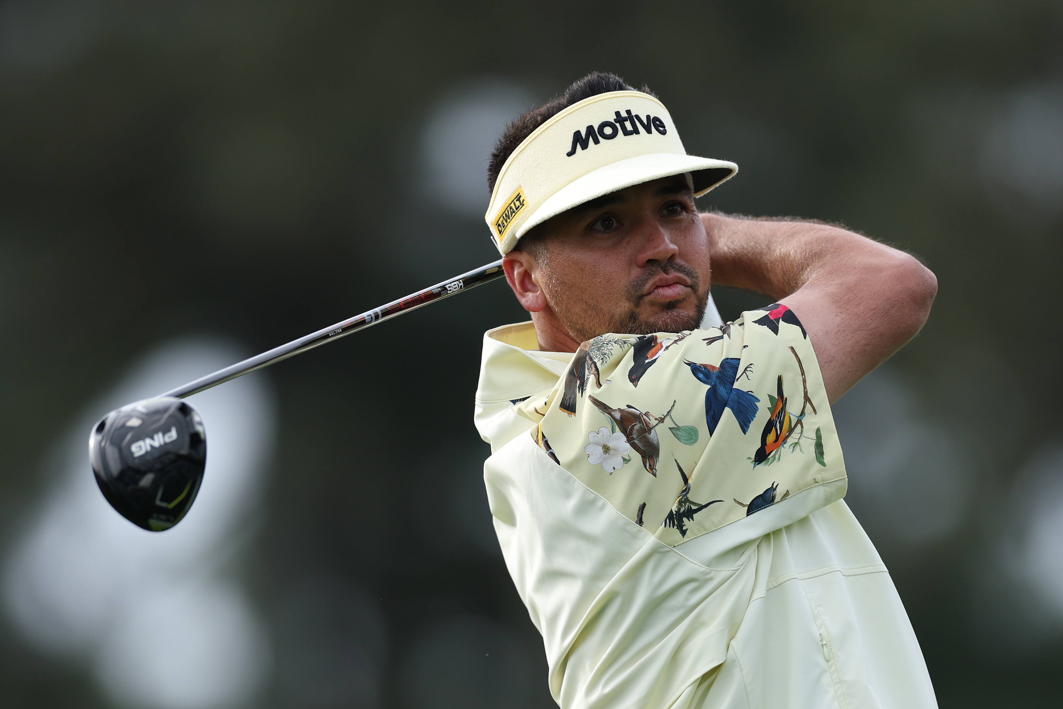 Jason Day plays a shot from the third hole tee box during a practice round prior to the 2026 Masters Tournament at Augusta National Golf Club