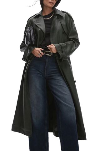 Textured Faux Leather Trench Coat