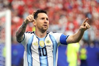 Lionel Messi #10 of Argentina celebrates after scoring his team's first goal during the FIFA World Cup 2026 Group J match between Argentina and Austria at Dallas Stadium on June 22, 2026