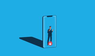 Illustration of a man trapped inside a smartphone screen