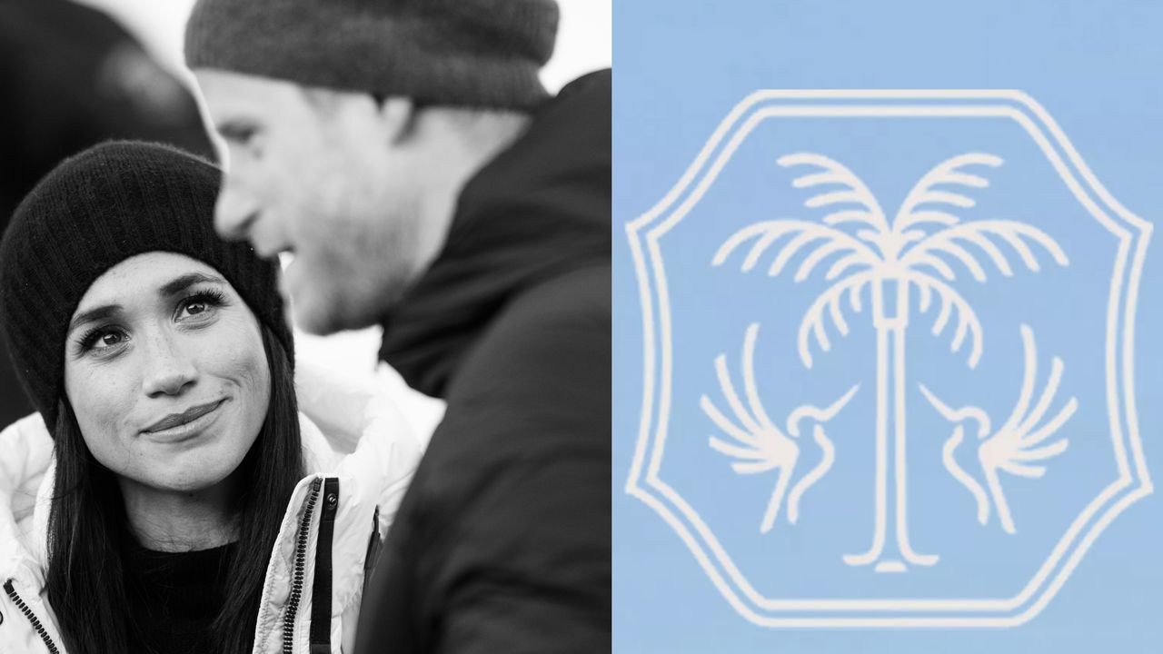 A black and white photo of Meghan Markle wearing a winter hat and coat looking up at Prince Harry next to a photo of a blue logo for As Ever featuring a white palm tree flocked by two hummingbirds