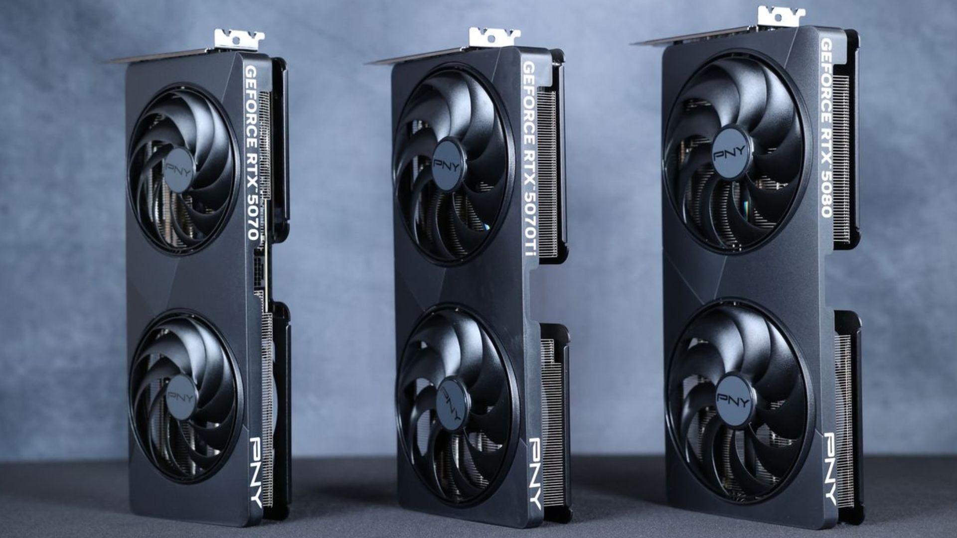 The three PNY Slim RTX 50 Series GPUs standing upright