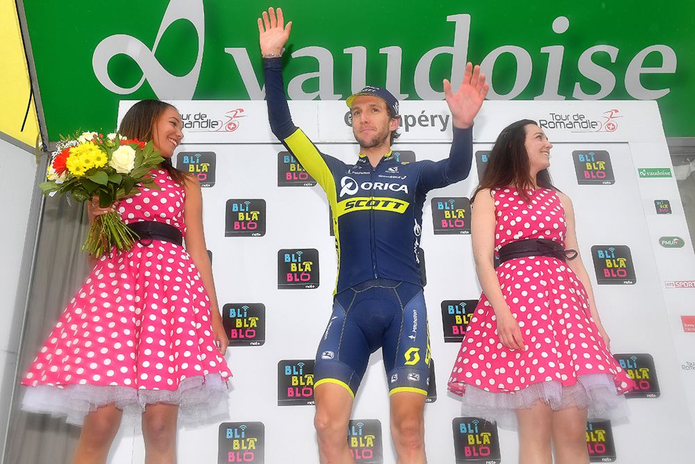 Simon Yates (Orica-Scott) gets the KOM jersey on the stage 1 podium at Tour de Romandie