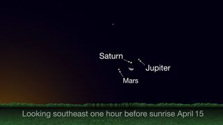 The planetary quartet of Jupiter, Saturn, Mars and the moon will put on a show in mid-April. The three planets won't appear close together in the sky again for a couple of years, so catch them now if you can! The moon will be in conjunction with Jupiter on April 14 at 7:05 p.m. EDT (2305 GMT). It will be in conjunction with Saturn on April 15 at 5:18 a.m. EDT (0918 GMT). Then on April 16 the moon will be in conjunction with Mars at 12:33 a.m. EDT (0433 GMT).