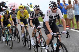 Chris Froome leads tom Dumoulin and Geraint Thomas during stage 19 at the Tour de France