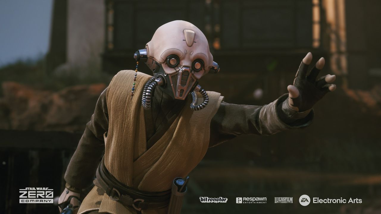 Still from the turn-based tactics video game 'Star Wars: Zero Company'. A Kel Dor (humanoid-looking species) has their left hand outstretched, using the Force. They are wearing brown jedi robes and a special breath mask that covers their eyes and nostrils.