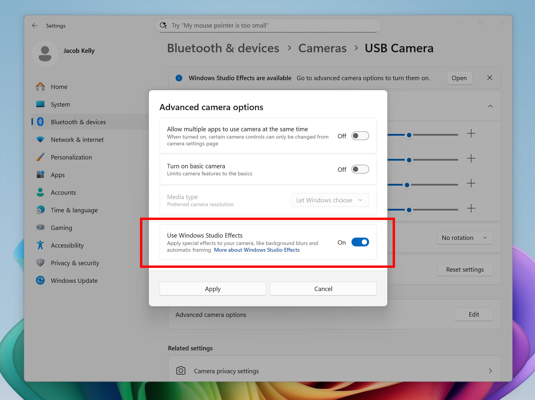 Windows Studio Effects settings
