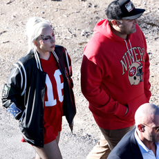 Singer, Songwriter, and actress Lady Gaga and her boyfriend, CEO of the Parker Group Michael Polansky, right, arrive to Allegiant Stadium showing their love for the San Francisco 49ers prior to the start of Super Bowl LVIII against the Kansas City Chiefs at Allegiant Stadium on February 11, 2024 in Las Vegas, Nevada. The Chiefs defeated the 49ers 25 to 22 in OT.