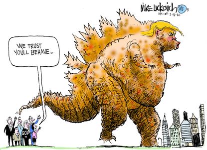 Political Cartoon U.S. Trump Godzilla Republicans trust abuse of power destruction