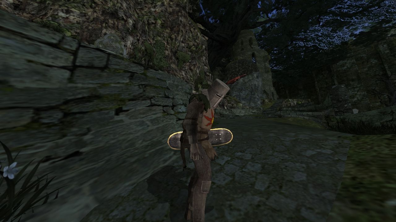 Solaire, skateboard in hand and Firelink in the background, contemplates the world.