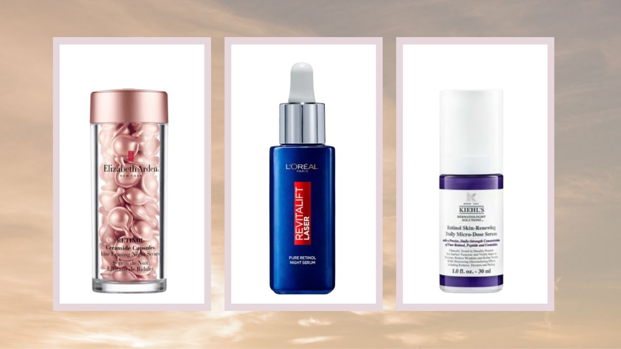 A selection of the best retinol for beginners from Elizabeth Arden, L&#039;Oreal and Kiehl&#039;s in a beige and grey sunset-like template