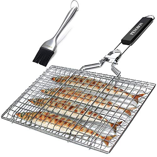 Penobon Fish Grilling Basket, Folding Portable Stainless Steel Bbq Grill Basket for Fish Vegetables Shrimp With Removable Handle, Come With Basting Brush and Storage Bag