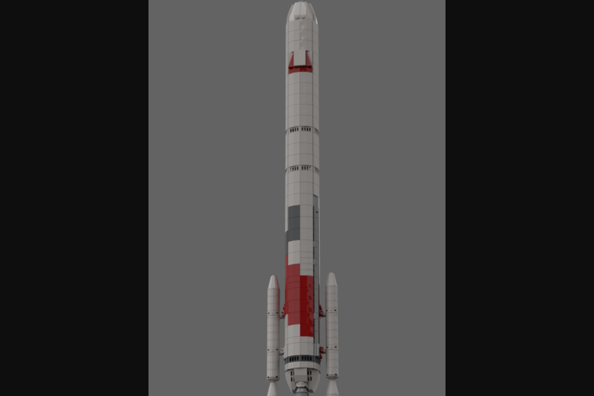 lego rendition of vulcan centaur rocket