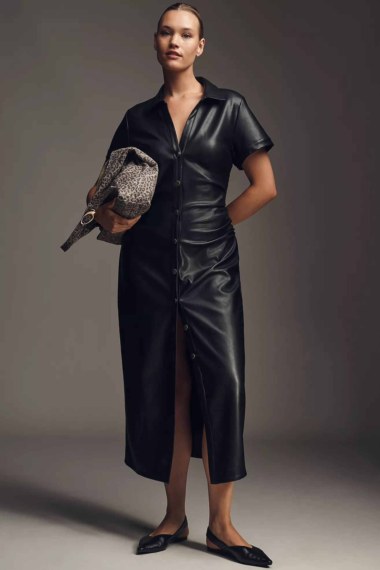 Pilcro Faux-Leather Short-Sleeve Ruched Midi Shirt Dress