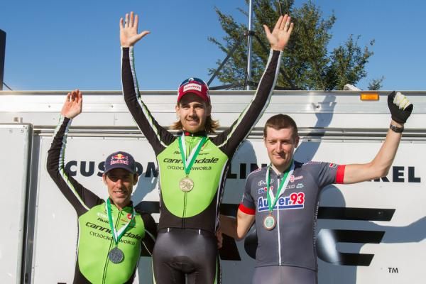 The Elite Men's podium for the second day of the Green Mountain Cyclocross Weekend: Tim Johnson overcoming a mechanical to motor into third, Bazin second, and hometown favorite Driscoll wins and takes the series jersey