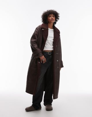 Topshop Faux Leather Shearling Long Aviator Jacket in Burgundy