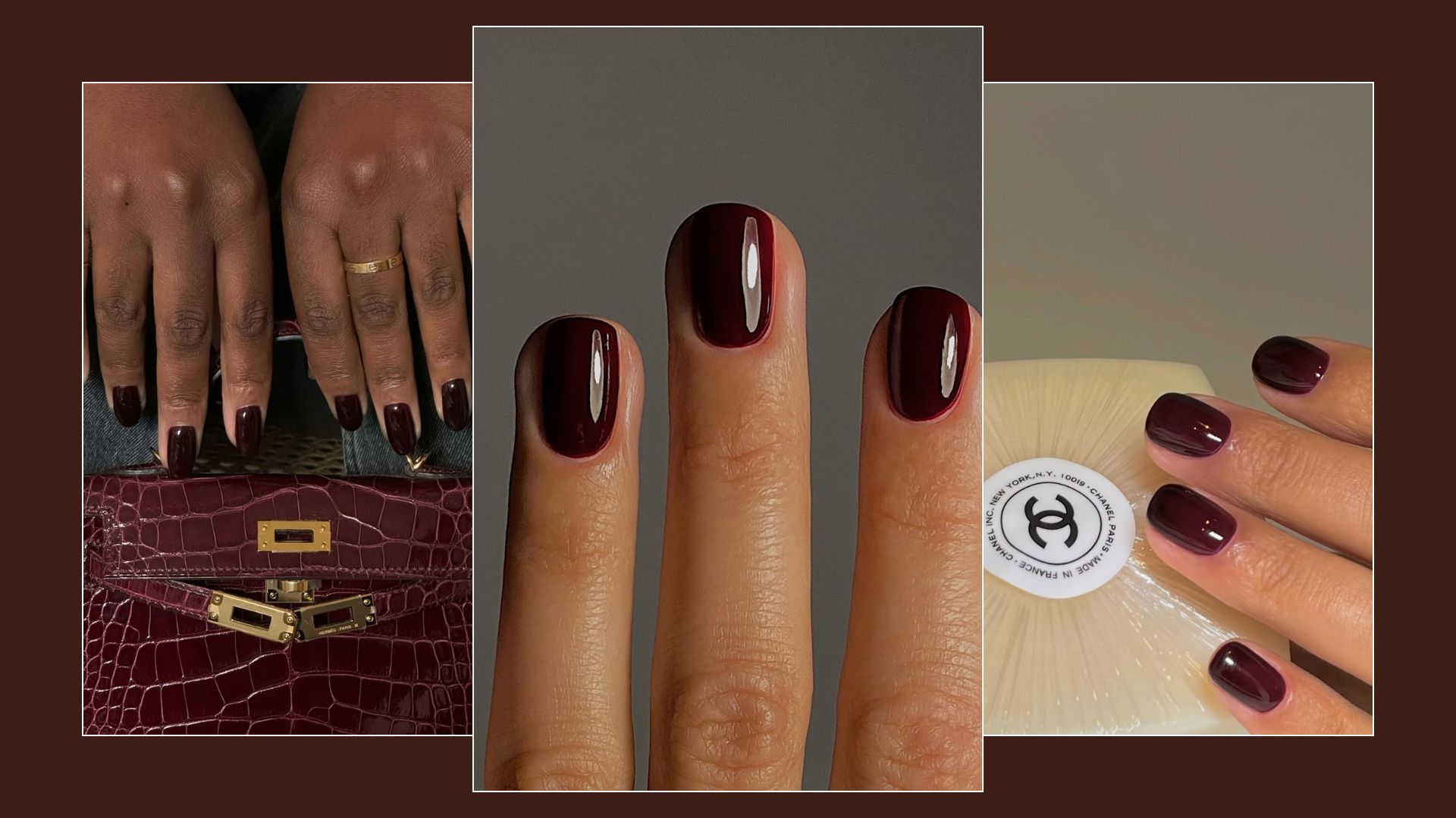 Collage of dark, pinot noir-inspired dark red manicures