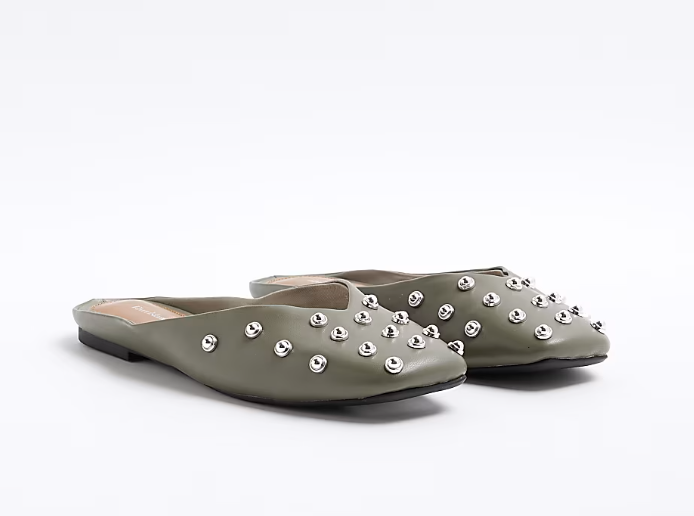 Khaki Asymmetric Studded Mule Sandals