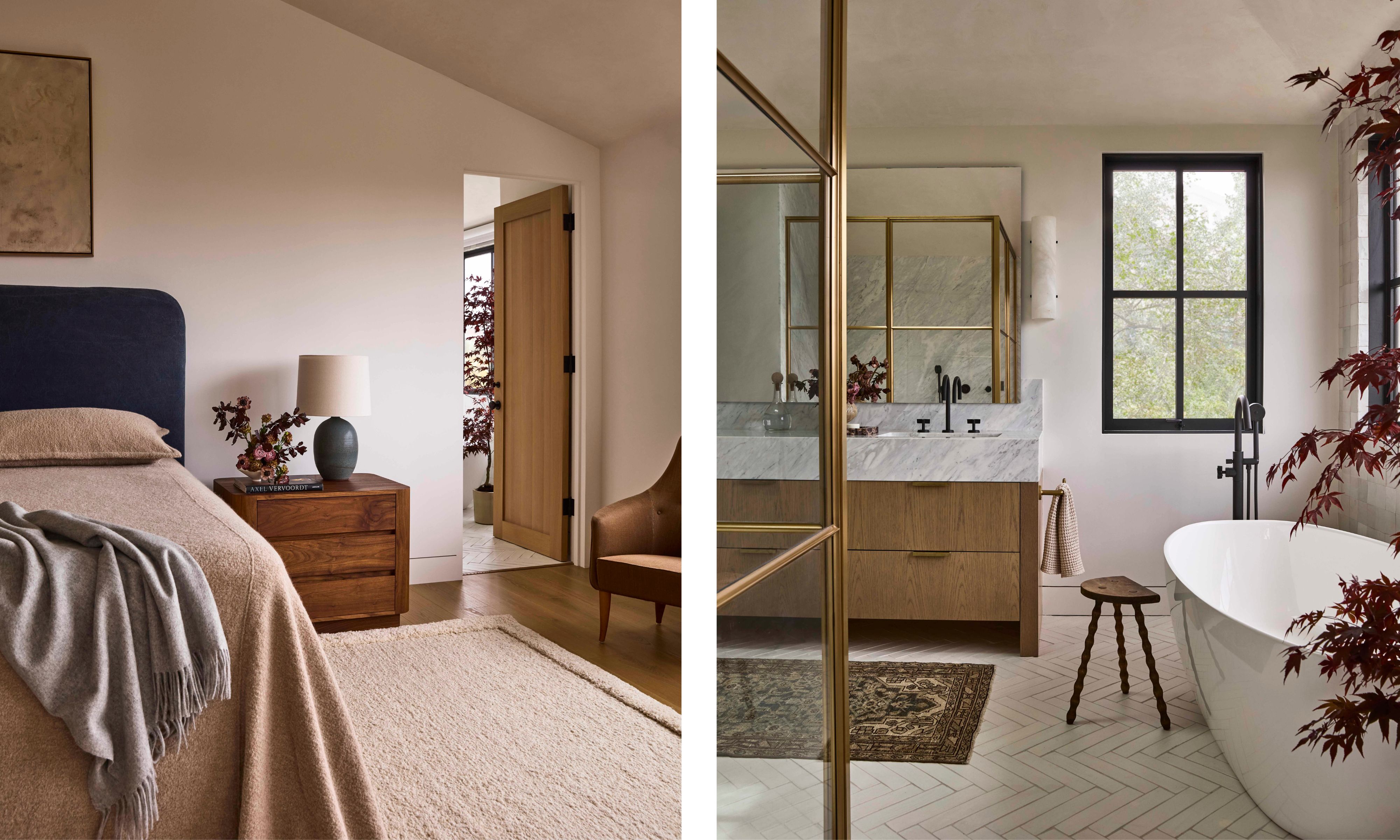 two side by side images of a neutral wabi sabi style primary suite
